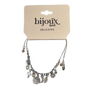 BIJOUX BAR Delicates Silver Tone Beaded Boho Bracelet Cross Heart 11" Charms NEW